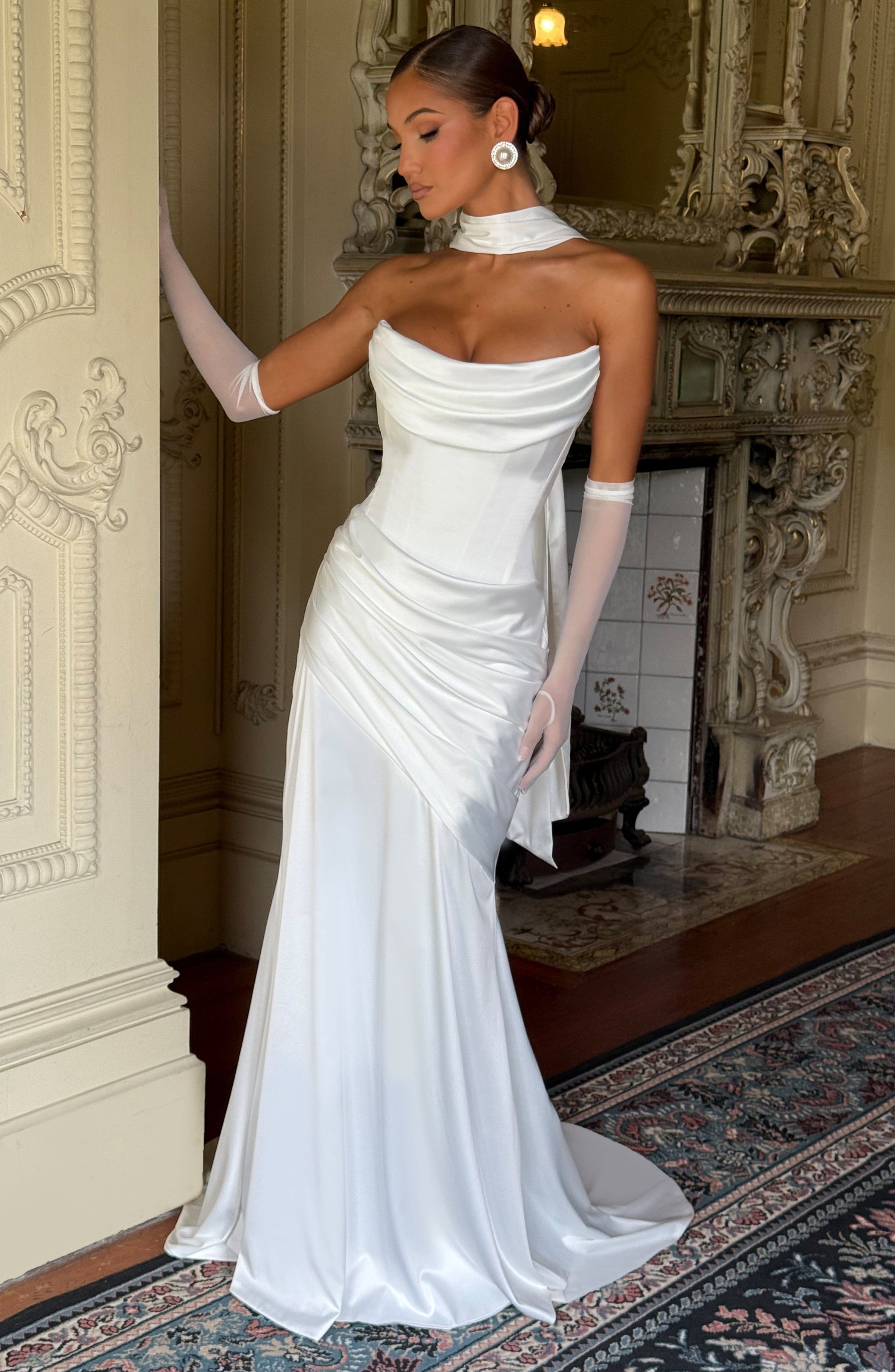 Deep Red Satin Maxi Dress in Ivory