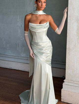 Deep Red Satin Maxi Dress in Mint