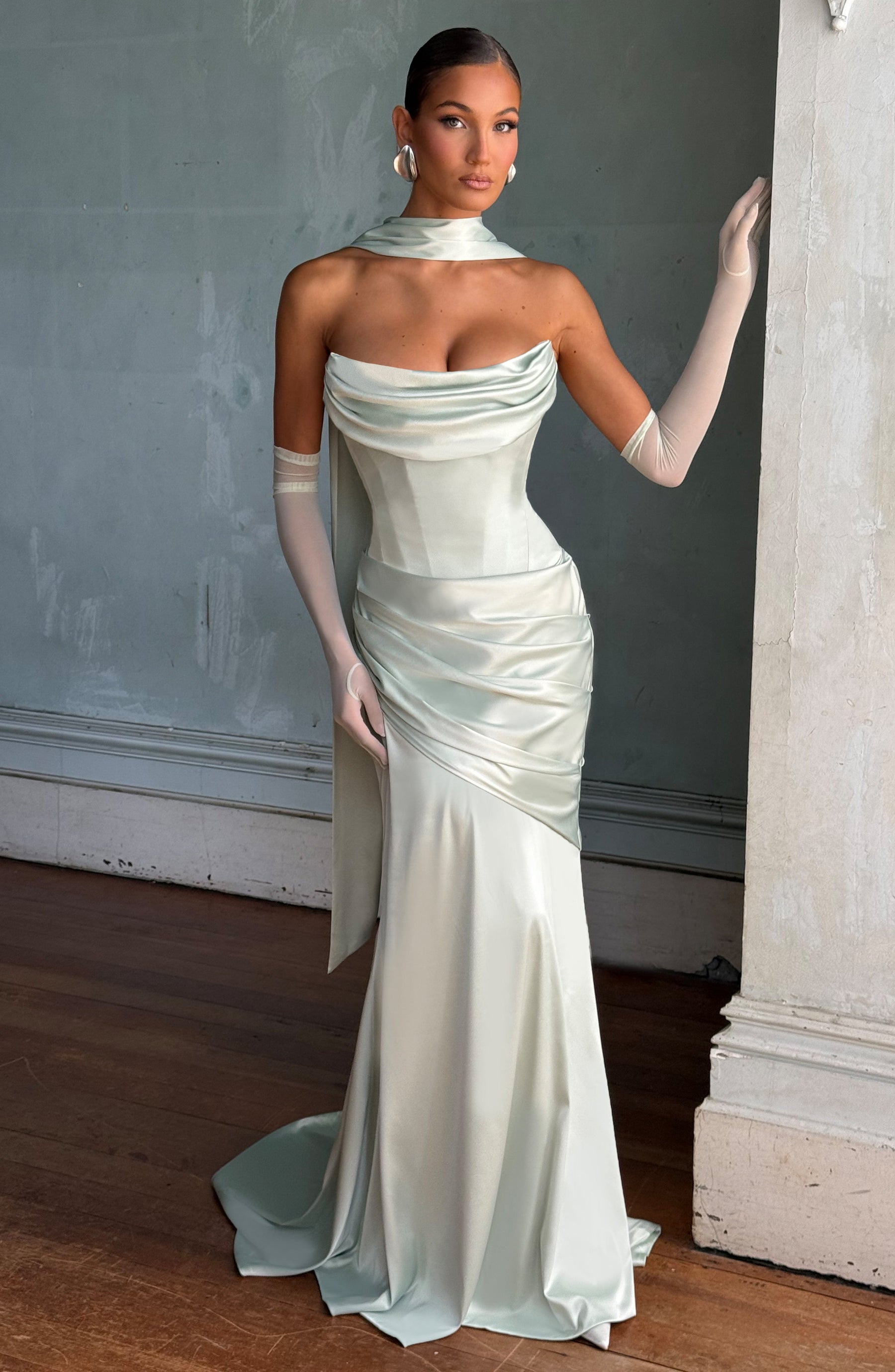 Deep Red Satin Maxi Dress in Mint