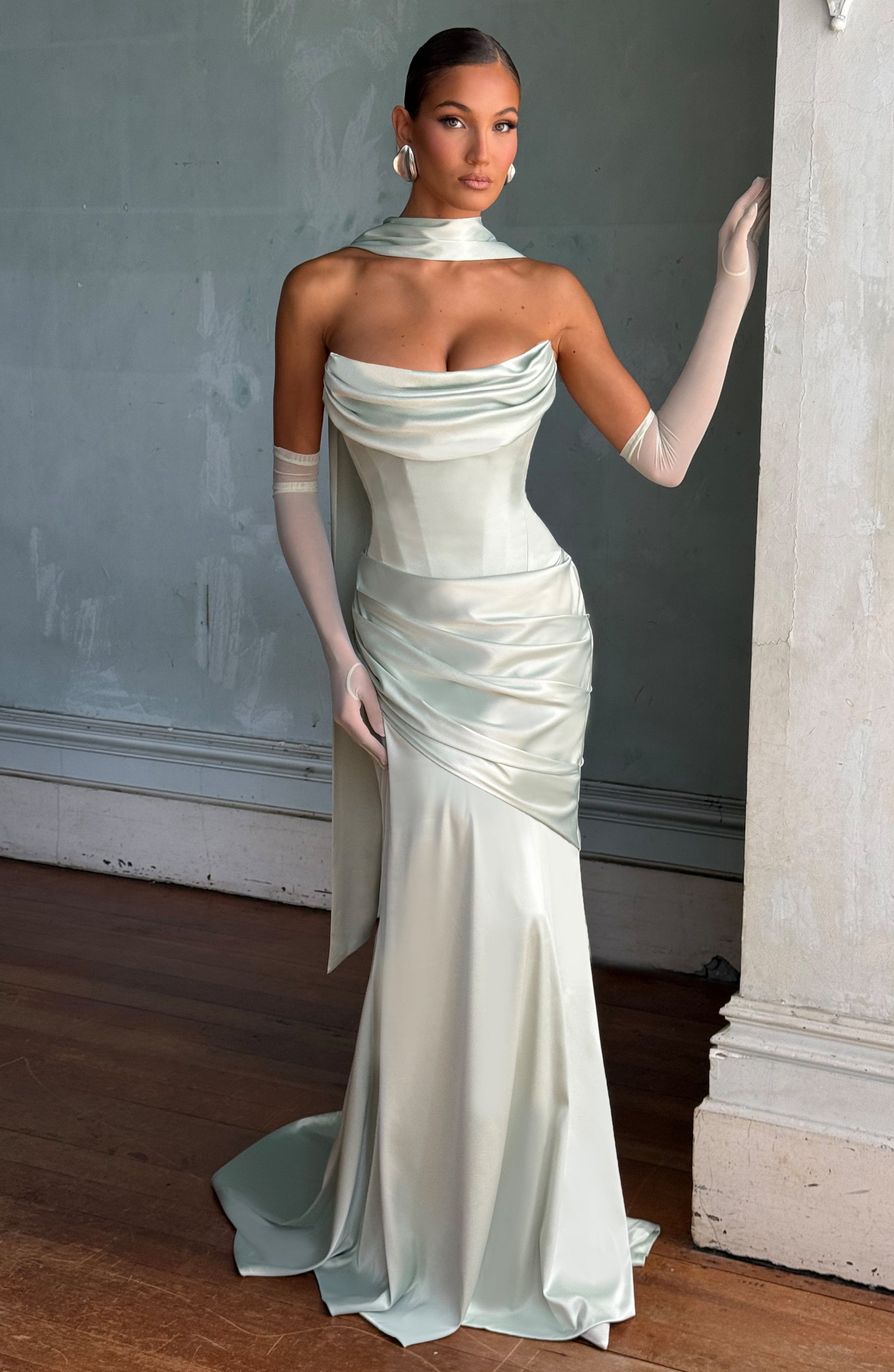 Deep Red Satin Maxi Dress in Mint