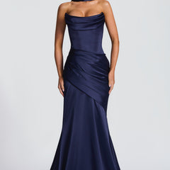 Deep Red Satin Maxi Dress in Navy