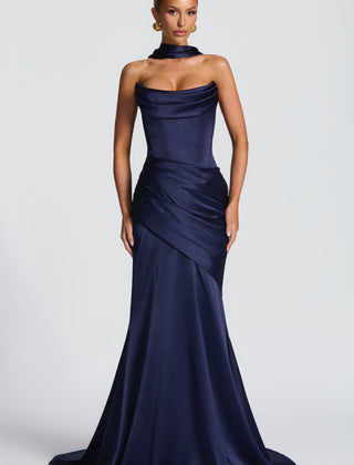 Deep Red Satin Maxi Dress in Navy