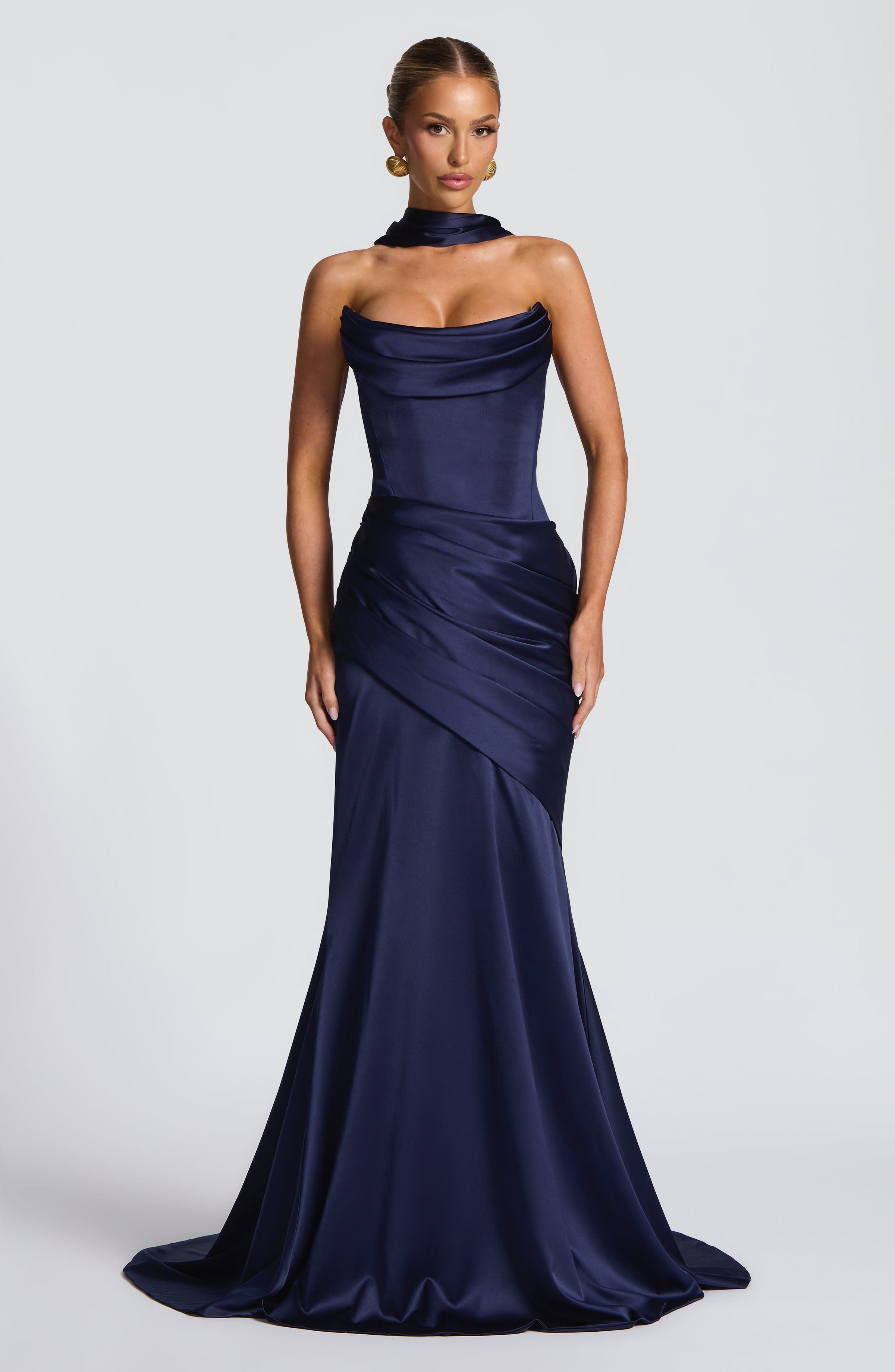 Deep Red Satin Maxi Dress in Navy