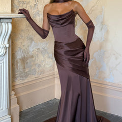 Deep Red Satin Maxi Dress in Plum Brown