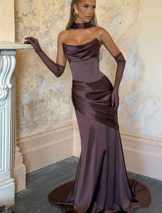Deep Red Satin Maxi Dress in Plum Brown