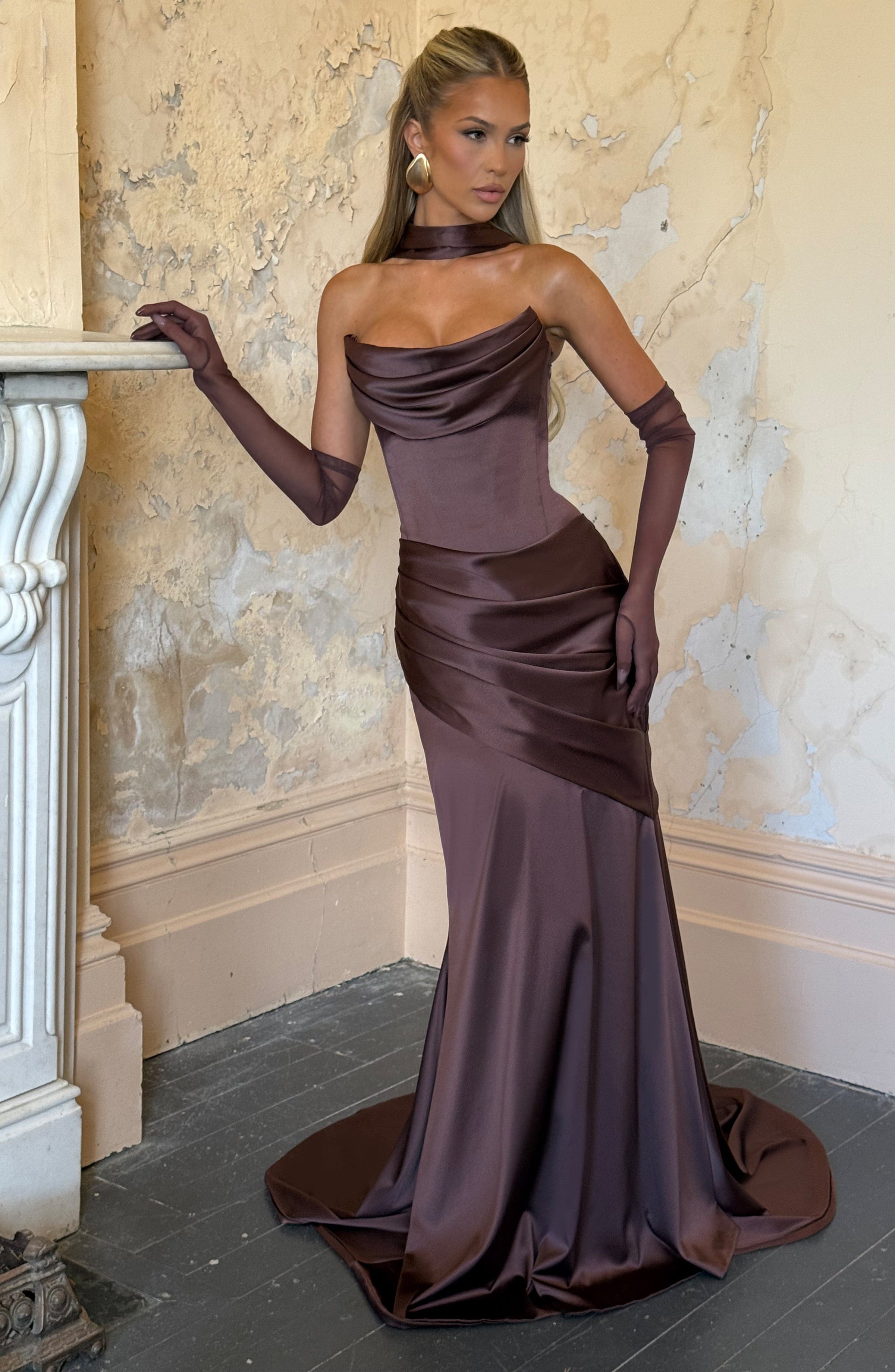 Deep Red Satin Maxi Dress in Plum Brown
