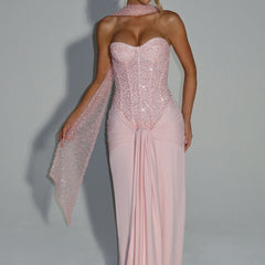 Embellished Corset Maxi Dress in Blush