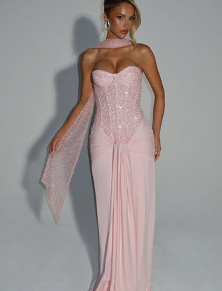 Embellished Corset Maxi Dress in Blush