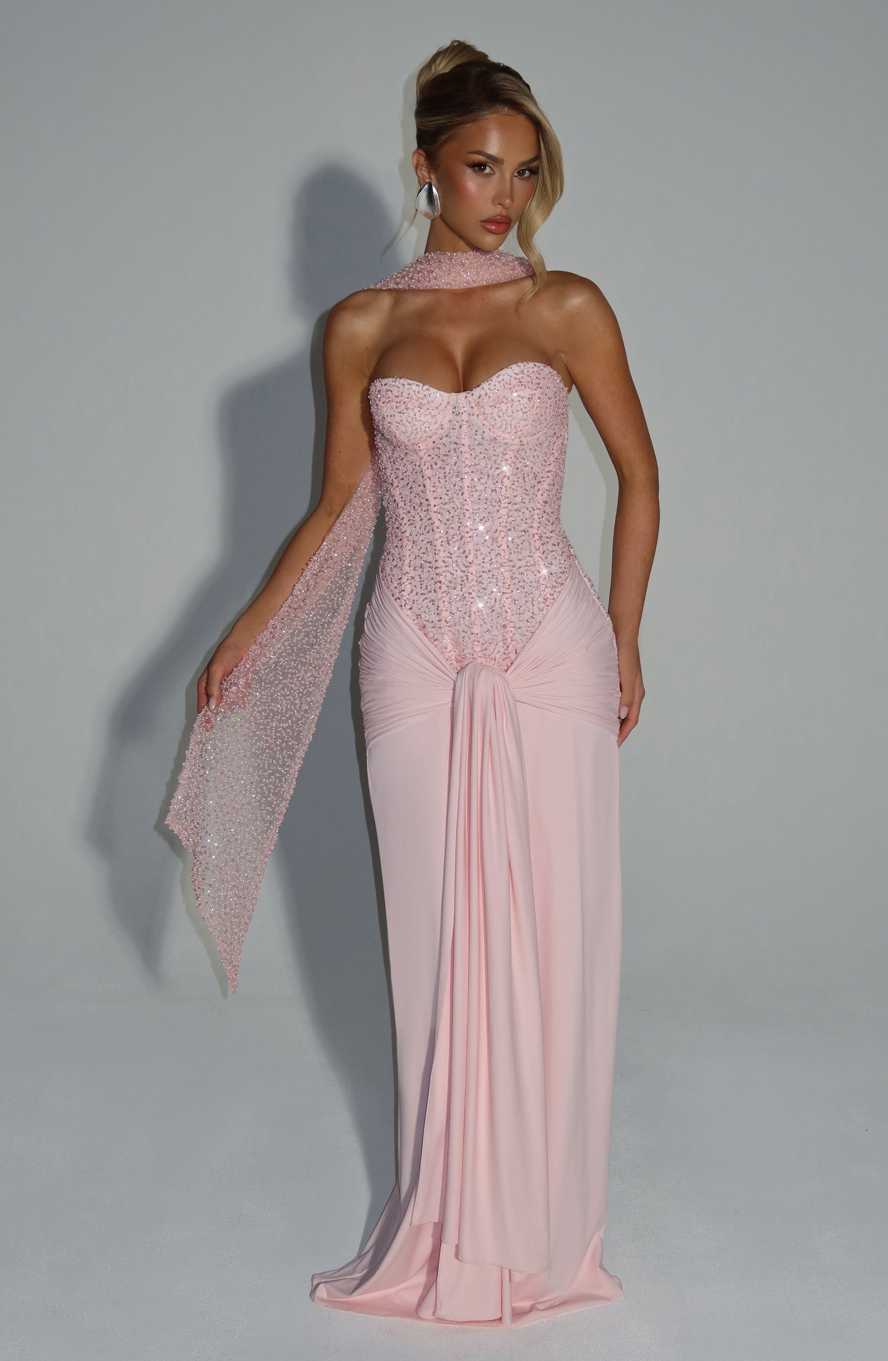 Embellished Corset Maxi Dress in Blush