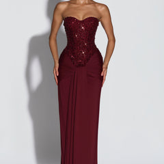 Embellished Corset Maxi Dress in Burgundy