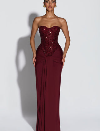 Embellished Corset Maxi Dress in Burgundy