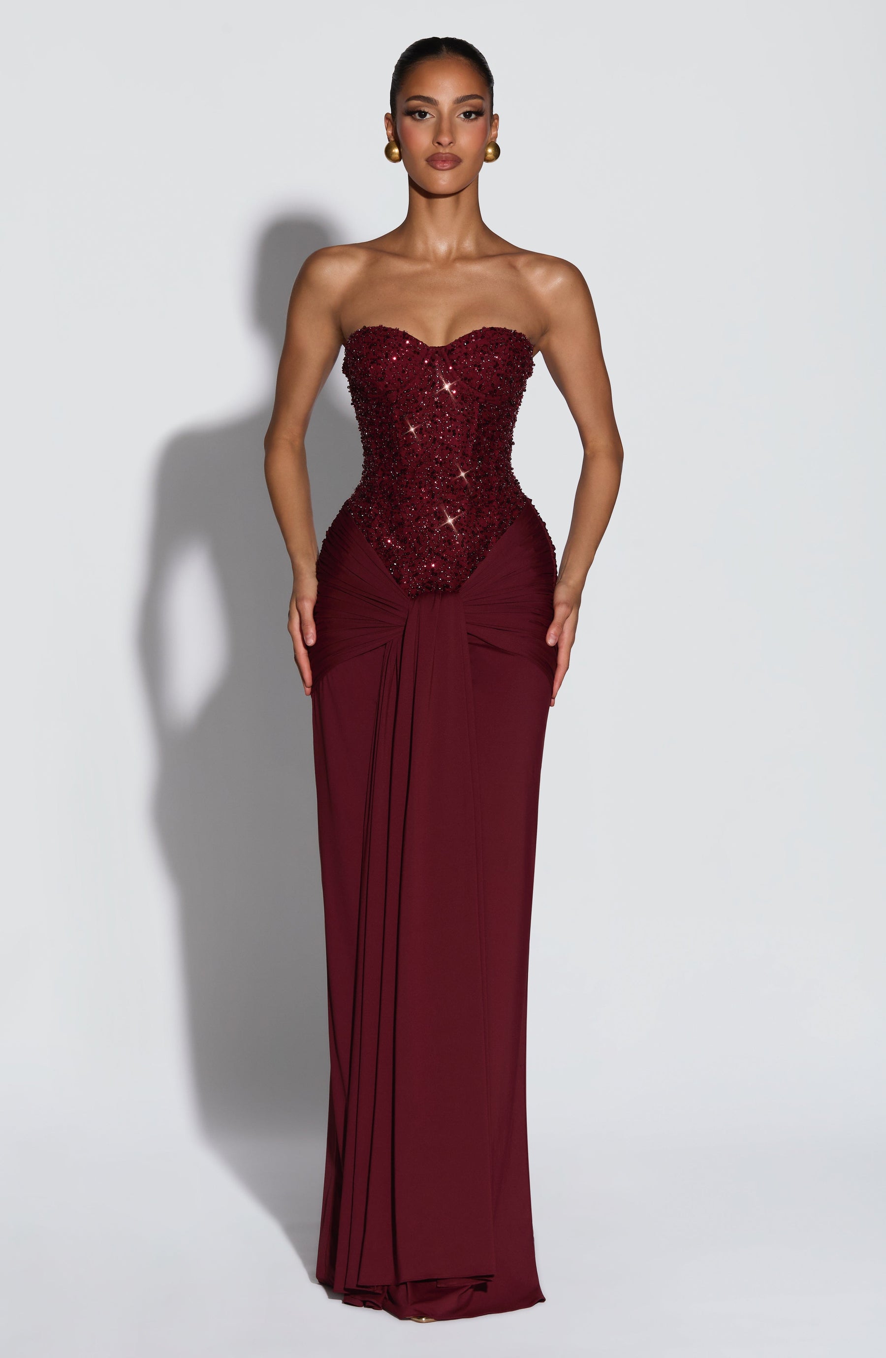 Embellished Corset Maxi Dress in Burgundy