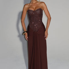 Embellished Corset Maxi Dress in Plum Brown