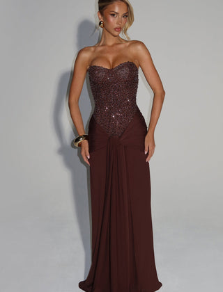 Embellished Corset Maxi Dress in Plum Brown