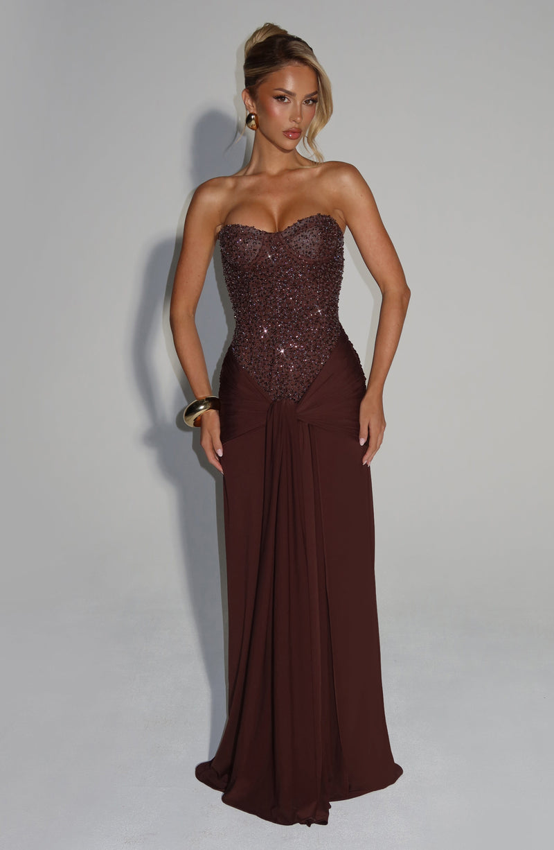 Embellished Corset Maxi Dress in Plum Brown