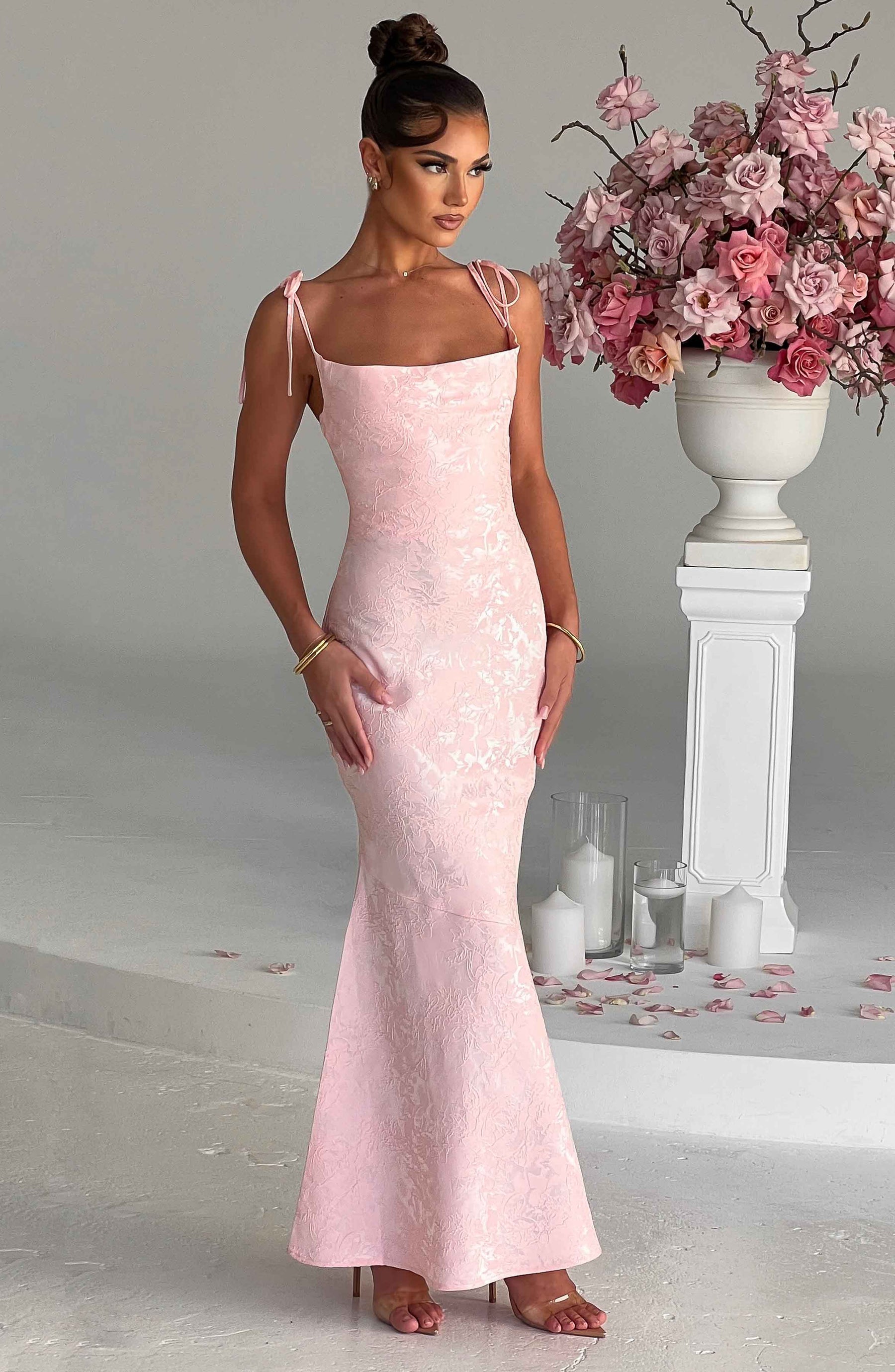 Floral Satin Maxi Dress in Blush