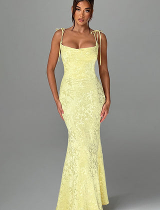Floral Satin Maxi Dress in Butter Yellow