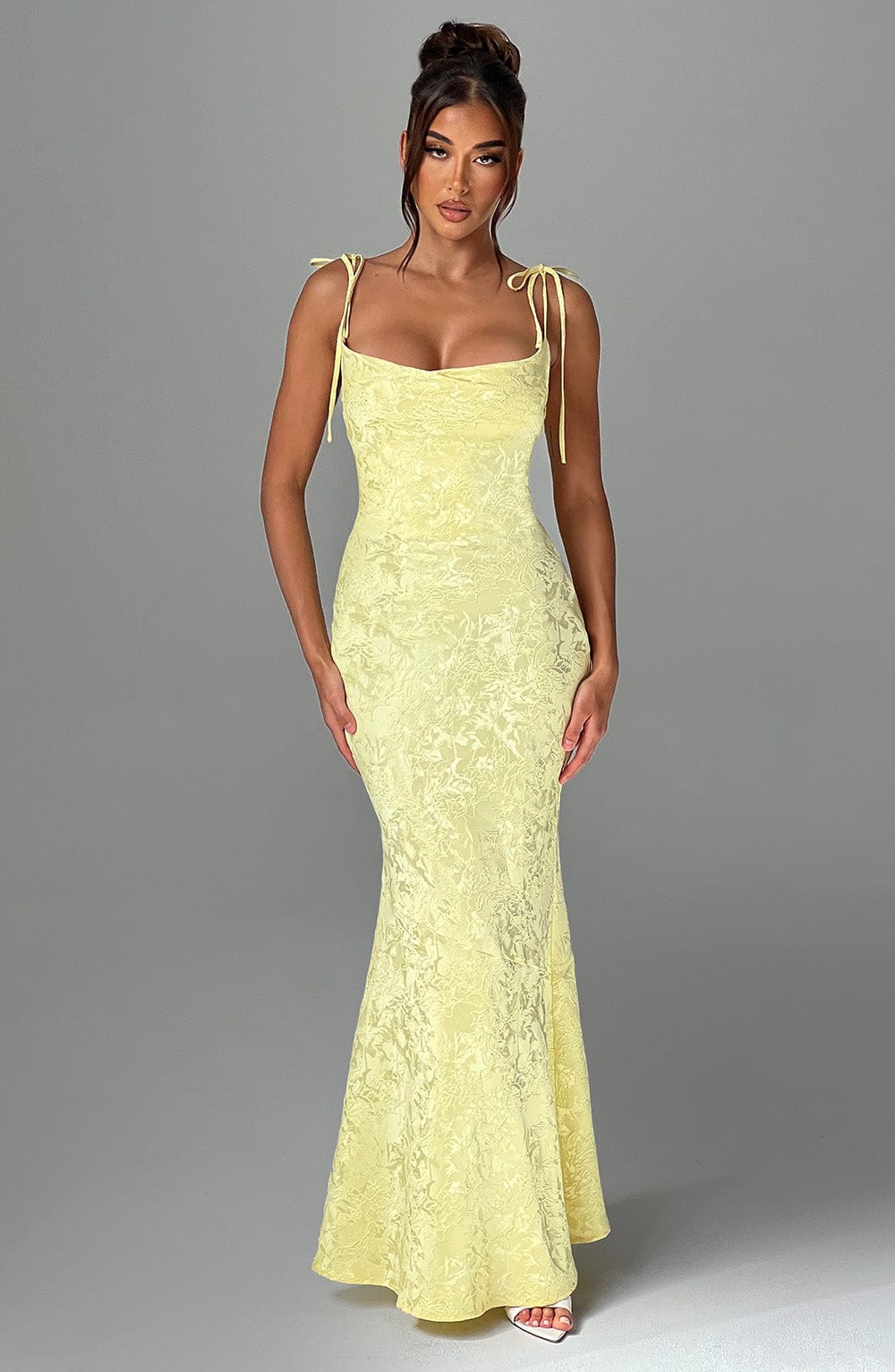 Floral Satin Maxi Dress in Butter Yellow