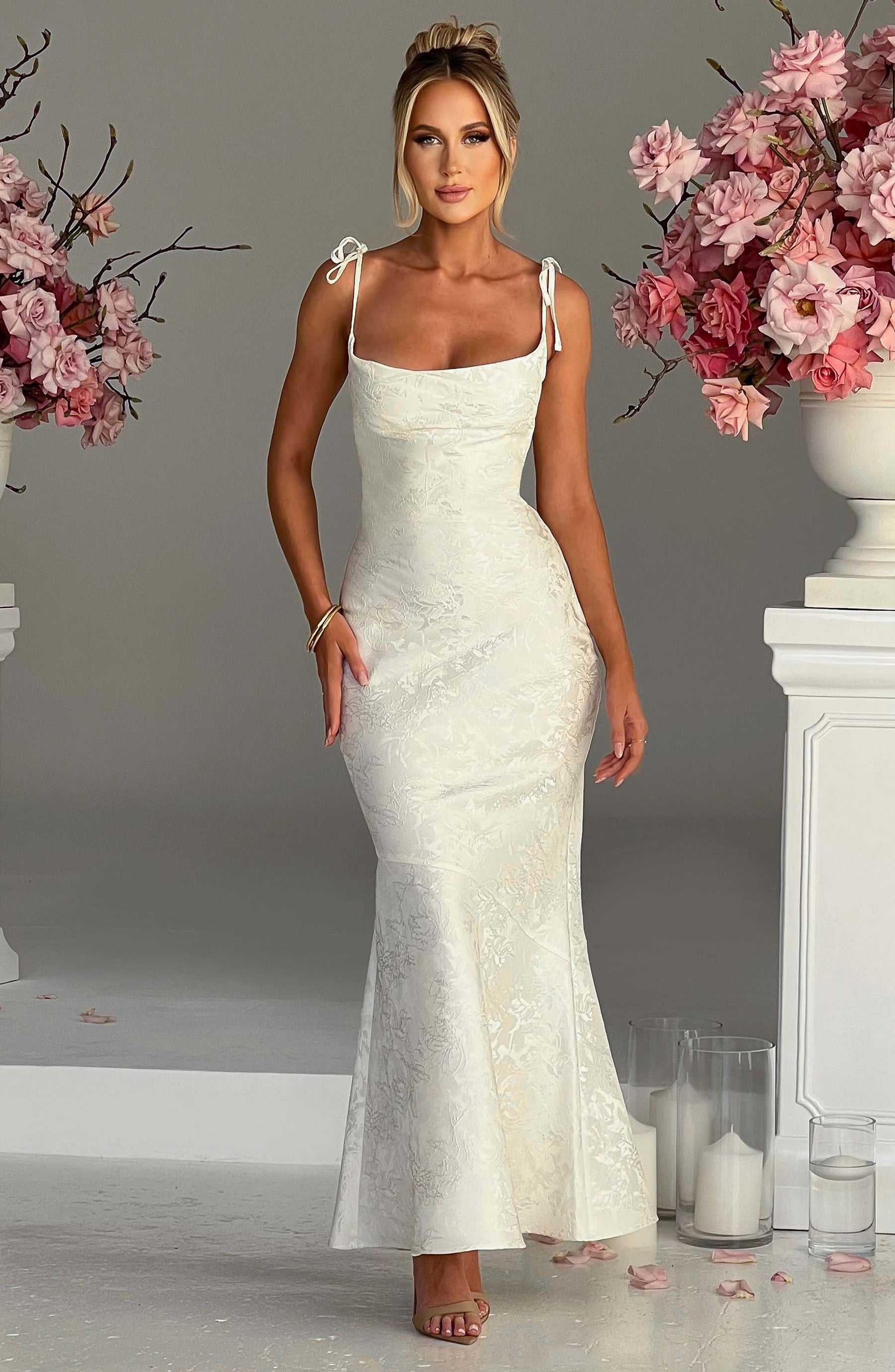 Floral Satin Maxi Dress in Ivory