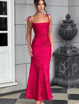 Floral Satin Maxi Dress in Red