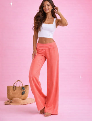 Coral ribbed foldover trousers