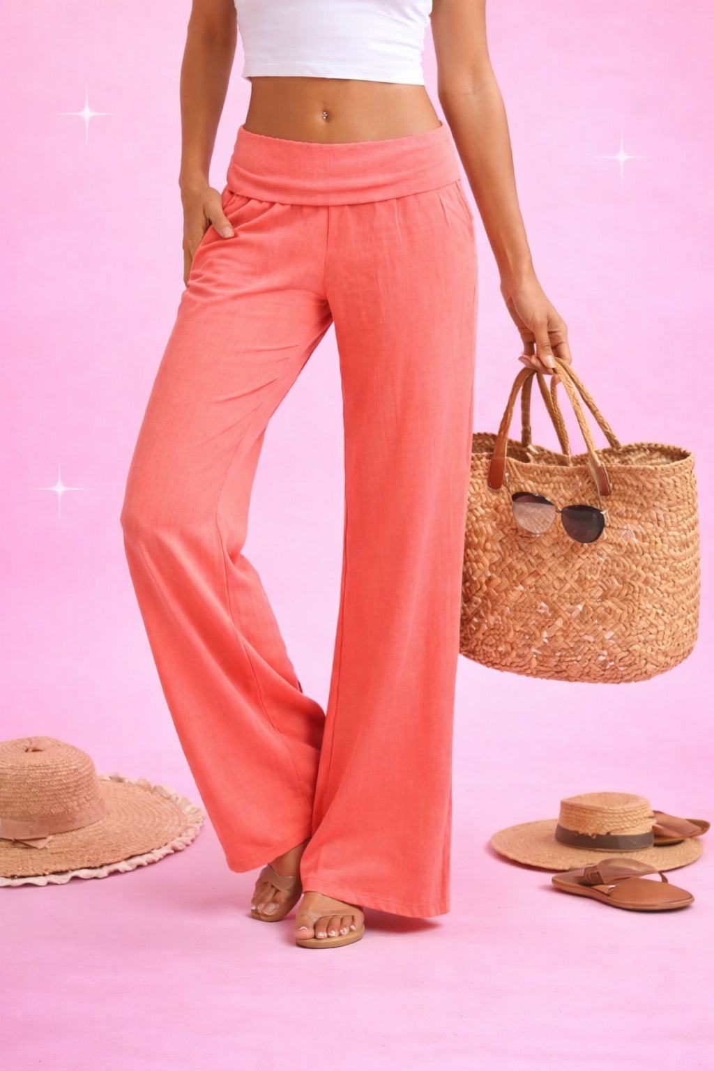 Coral ribbed foldover trousers
