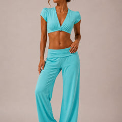 Turquoise ribbed foldover trousers