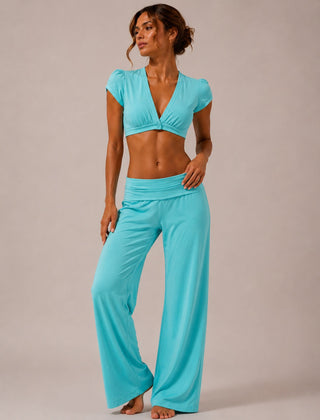 Turquoise ribbed foldover trousers