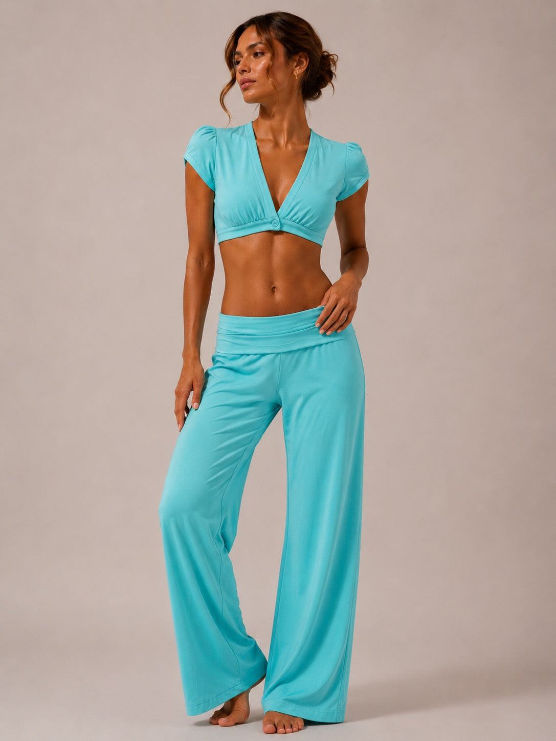 Turquoise ribbed foldover trousers