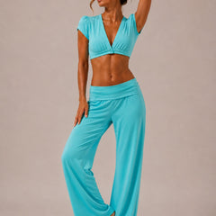 Turquoise ribbed foldover trousers