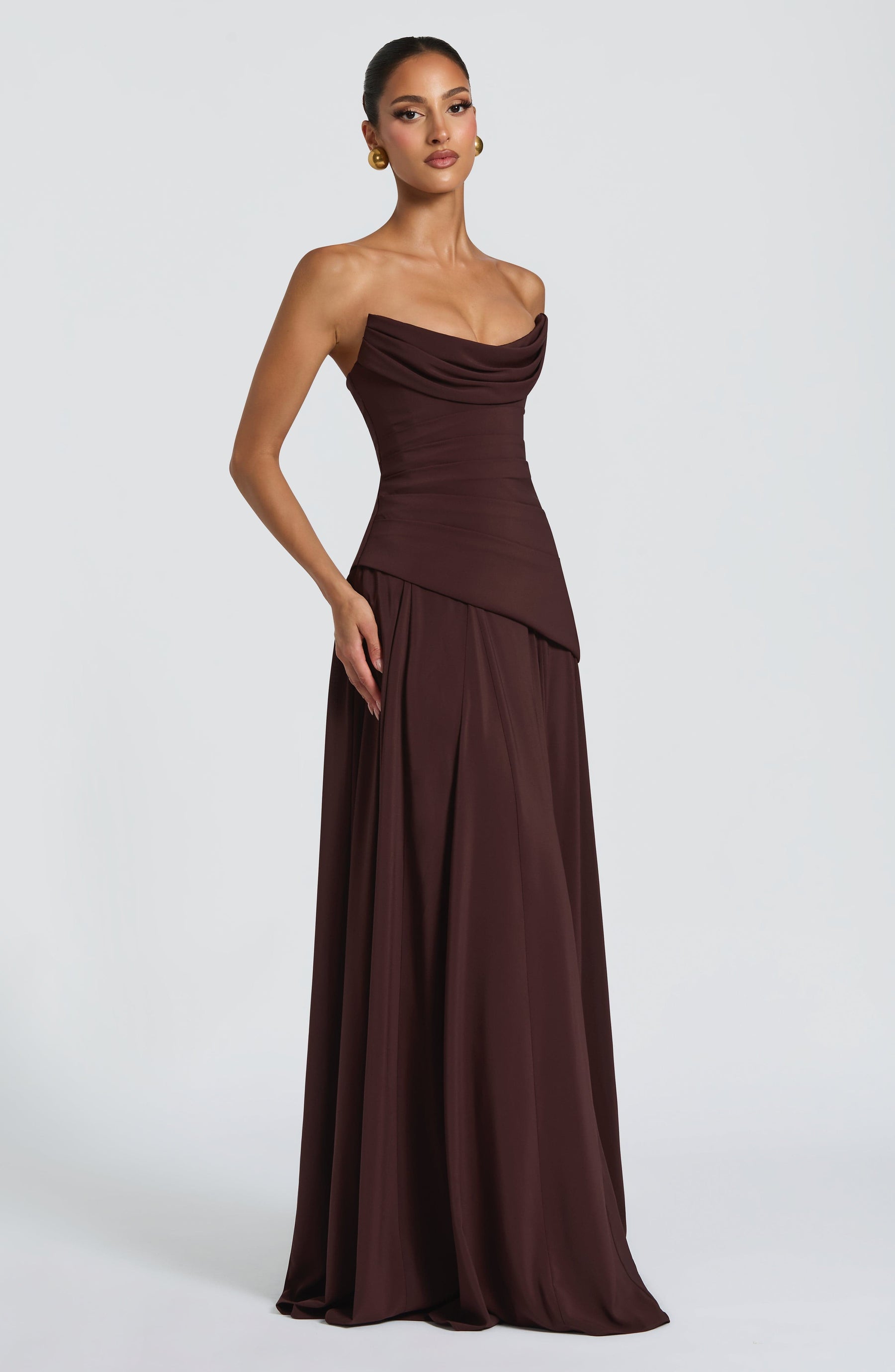 Chiffon Corset Maxi Dress in Plum Brown, view 9