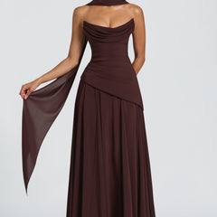 Chiffon Corset Maxi Dress in Plum Brown, view 1