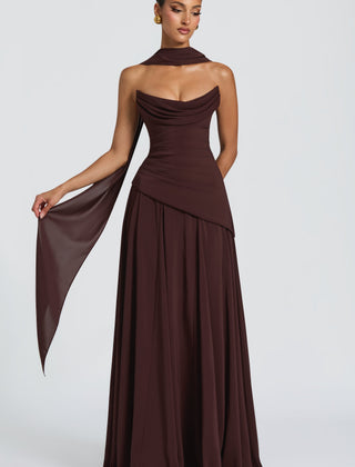 Chiffon Corset Maxi Dress in Plum Brown, view 1
