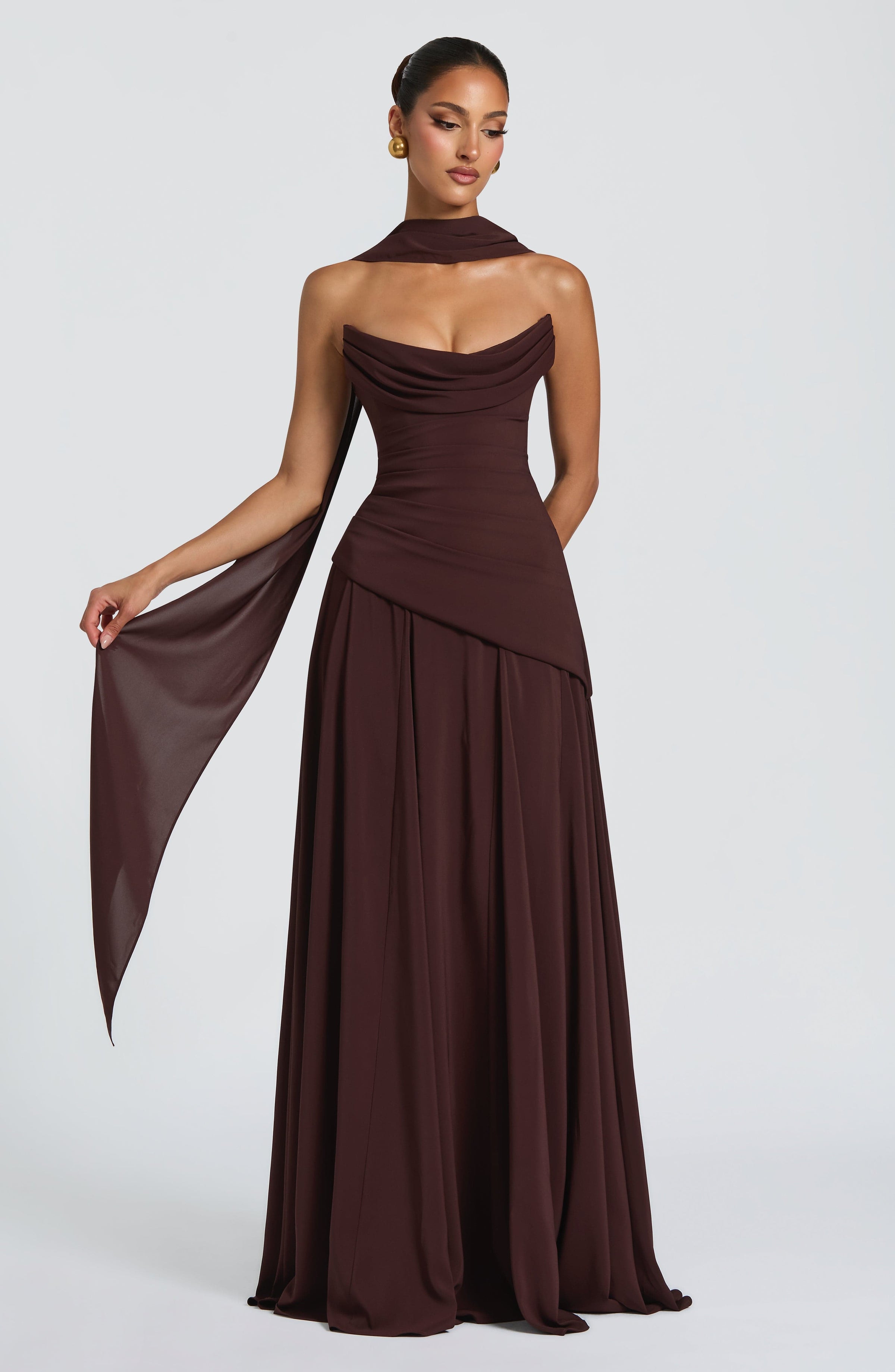 Chiffon Corset Maxi Dress in Plum Brown, view 1