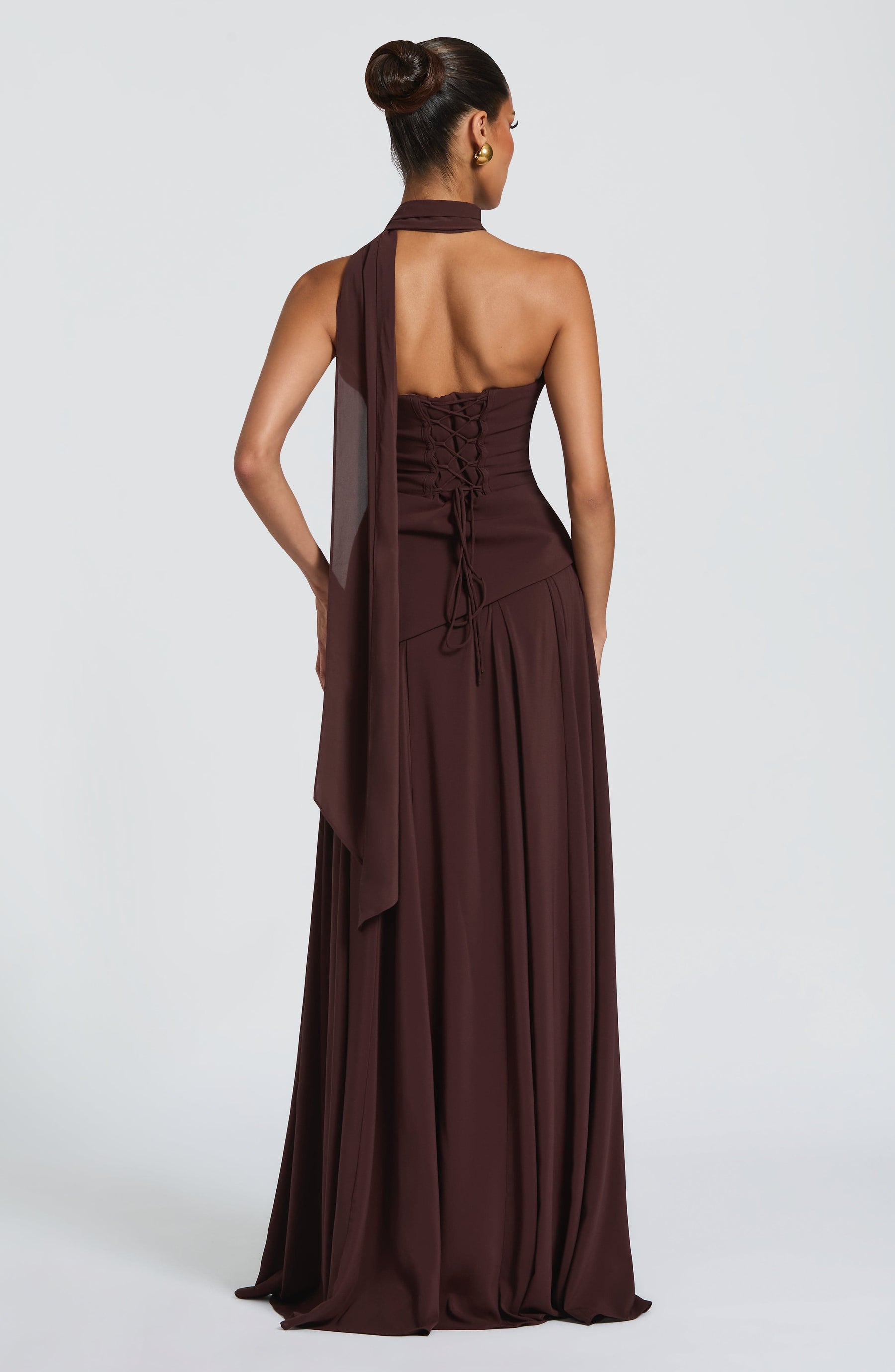 Chiffon Corset Maxi Dress in Plum Brown, view 3