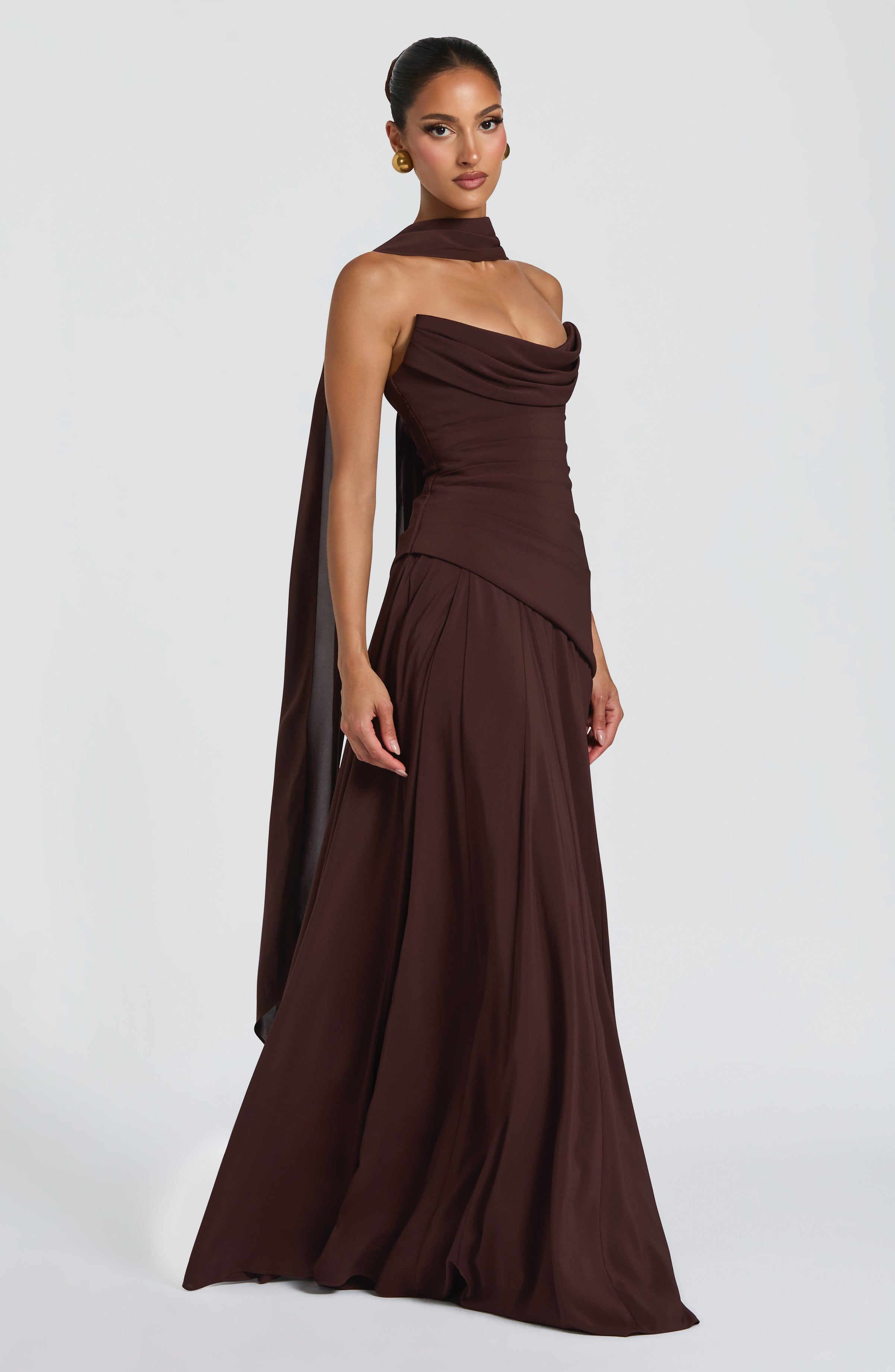 Chiffon Corset Maxi Dress in Plum Brown, view 4