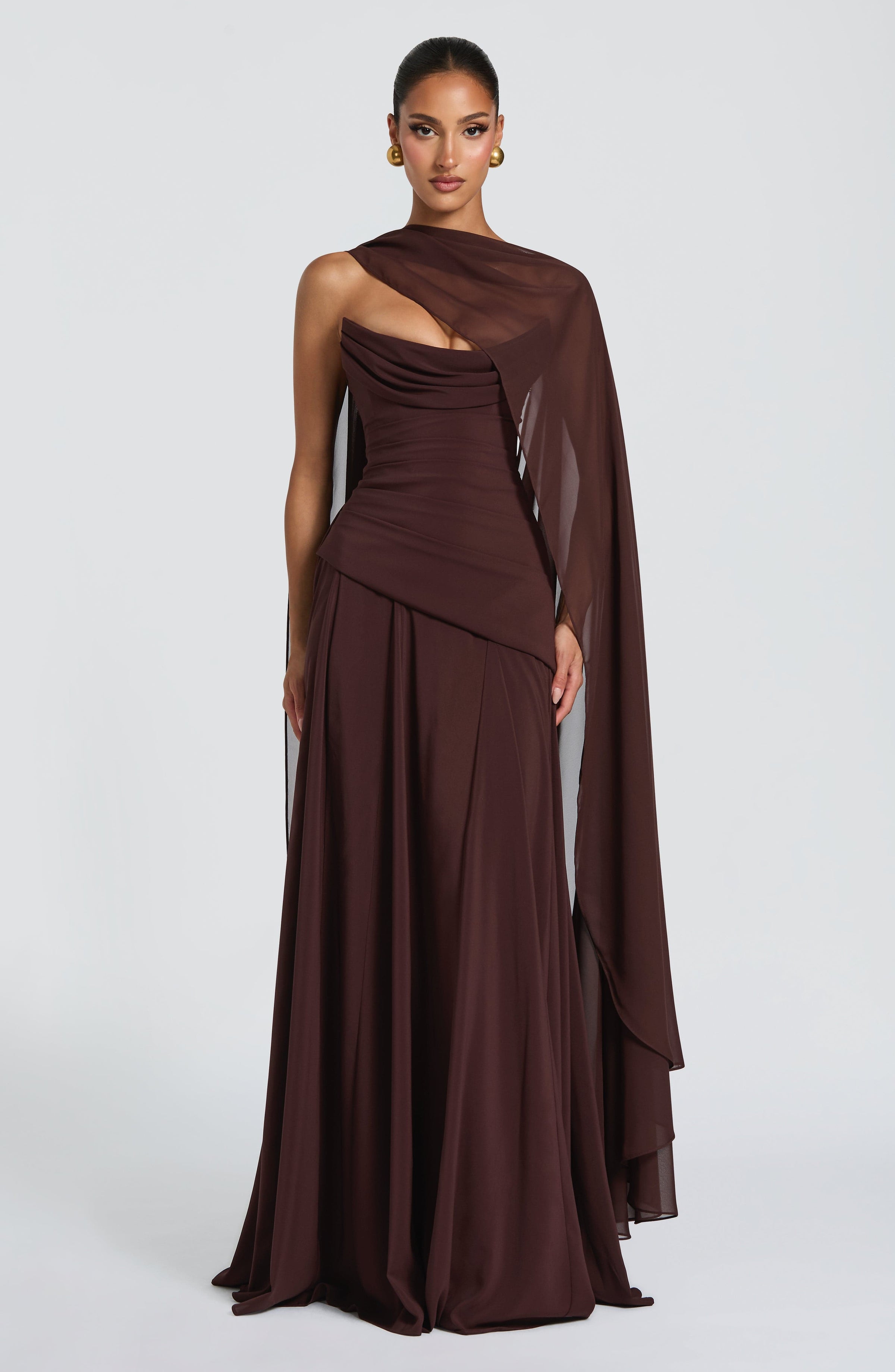 Chiffon Corset Maxi Dress in Plum Brown, view 6
