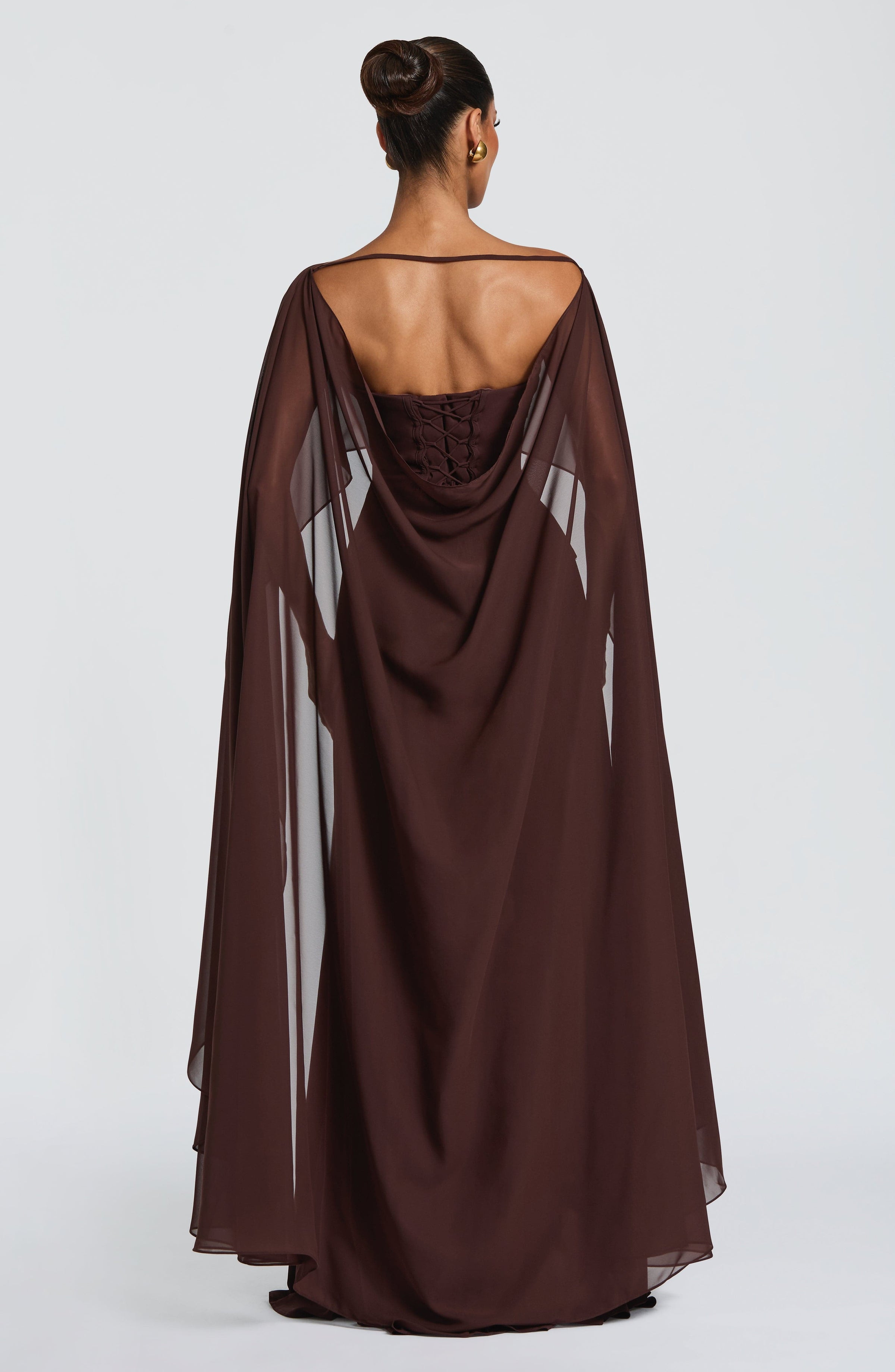 Chiffon Corset Maxi Dress in Plum Brown, view 8