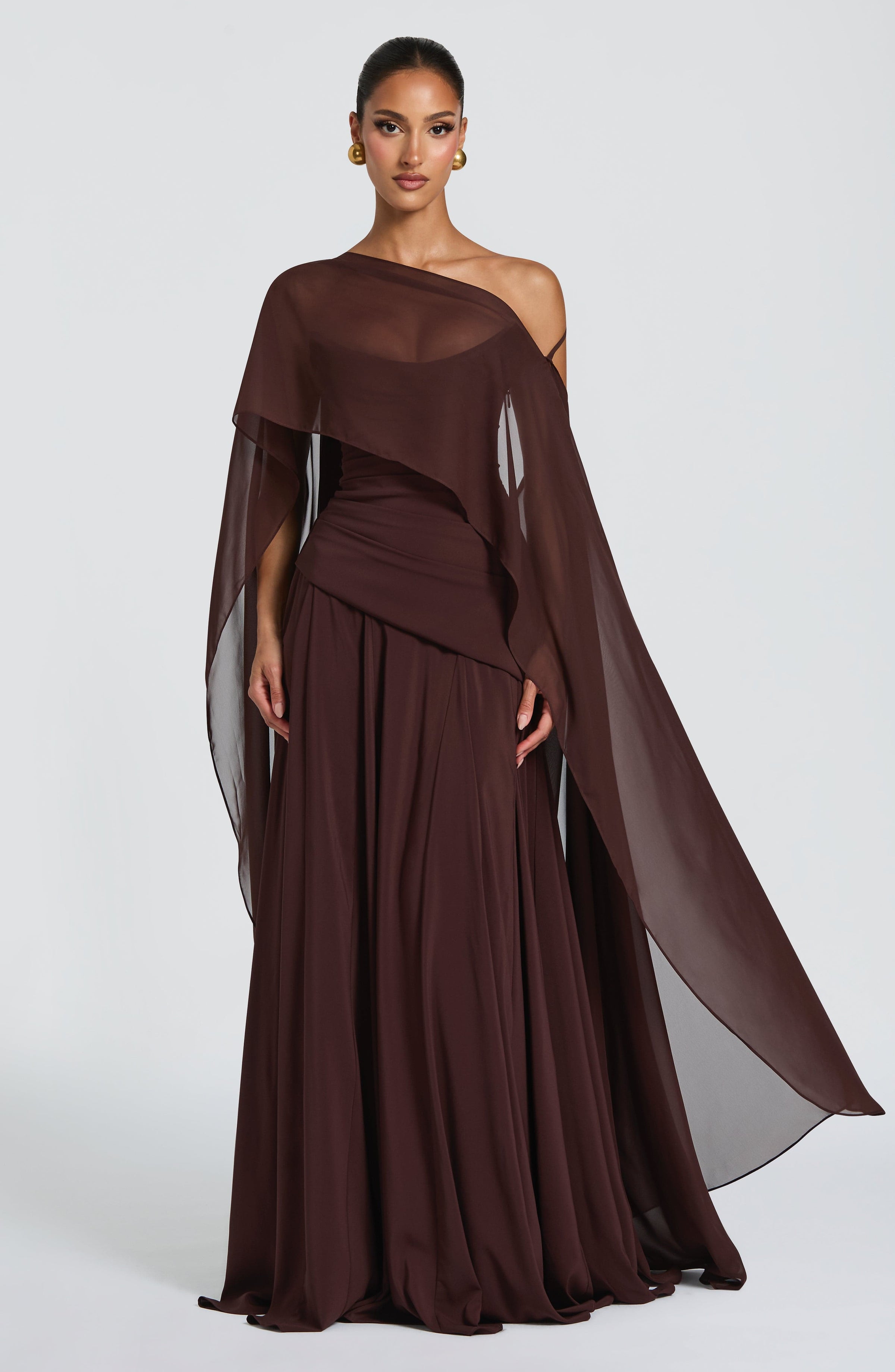 Chiffon Corset Maxi Dress in Plum Brown, view 7