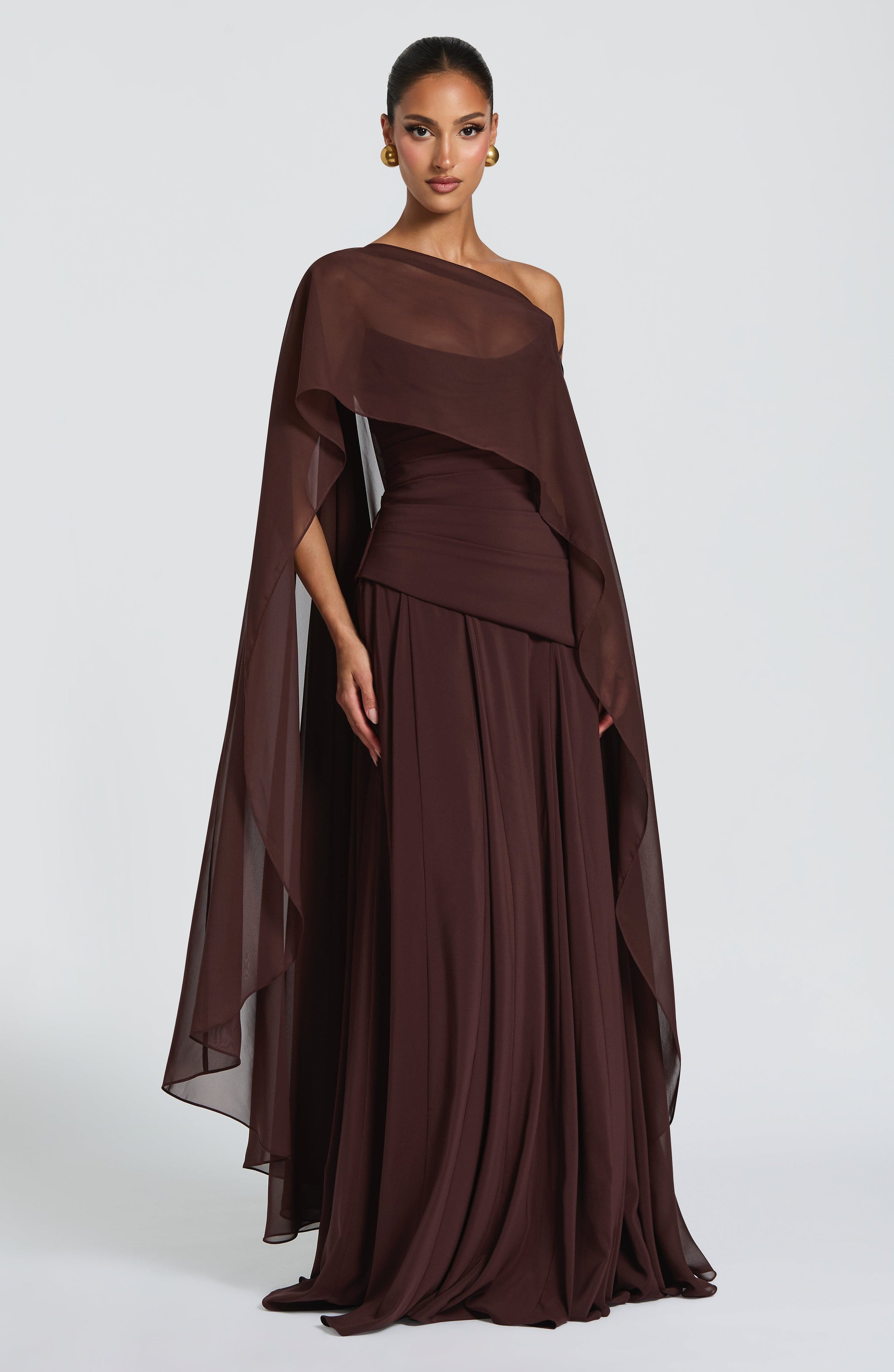 Chiffon Corset Maxi Dress in Plum Brown, view 5
