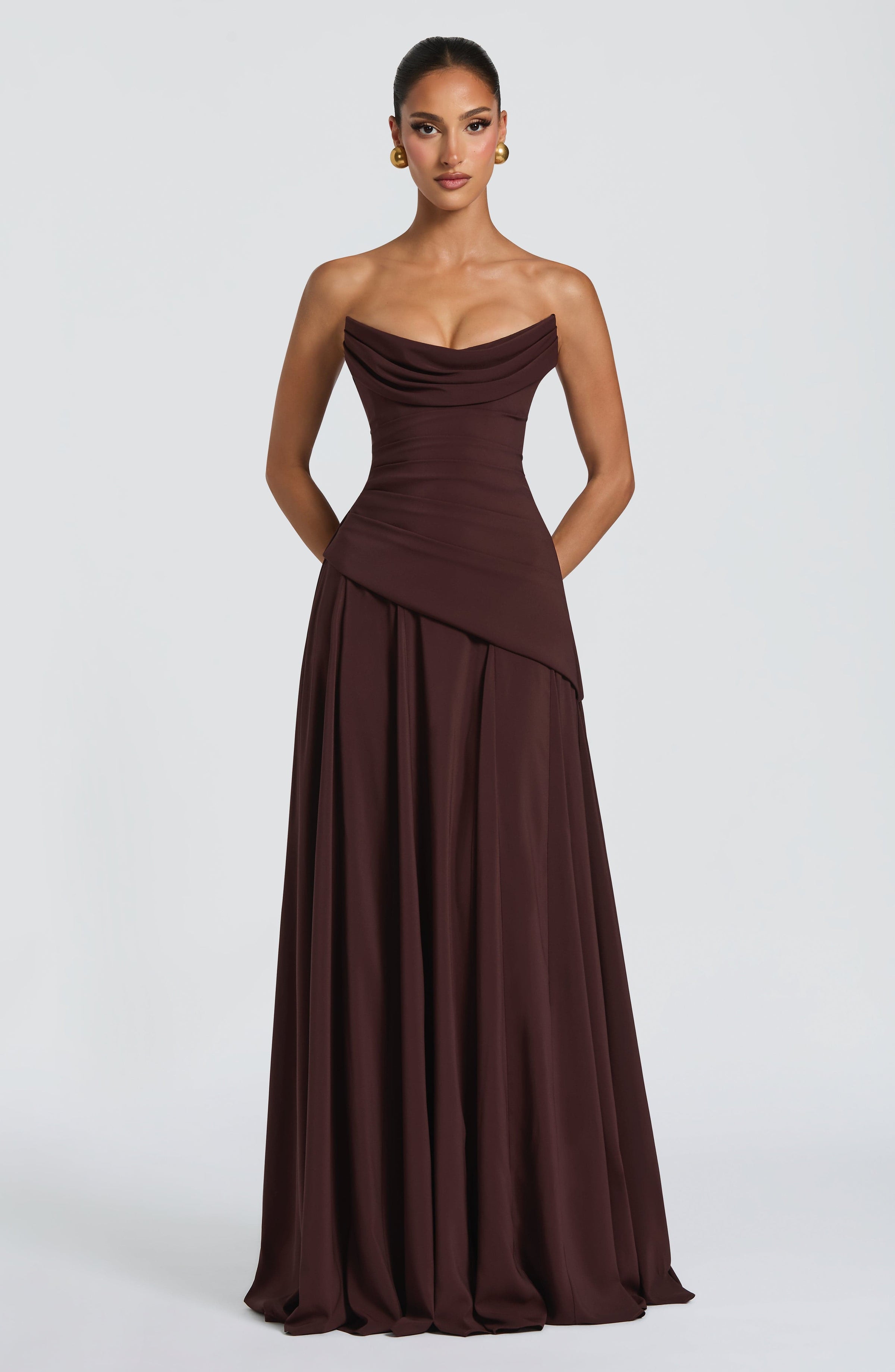 Chiffon Corset Maxi Dress in Plum Brown, view 2