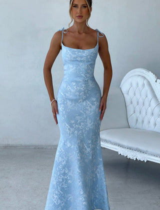 Floral Satin Maxi Dress in Blue, view 1