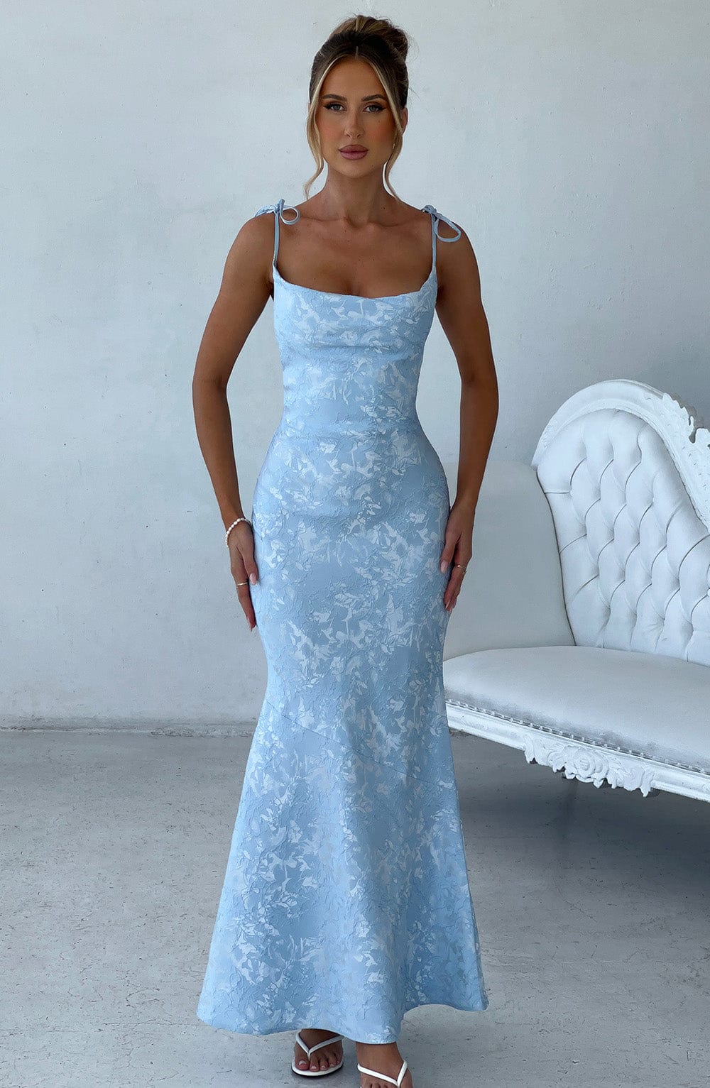 Floral Satin Maxi Dress in Blue, view 1