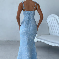 Floral Satin Maxi Dress in Blue, view 2