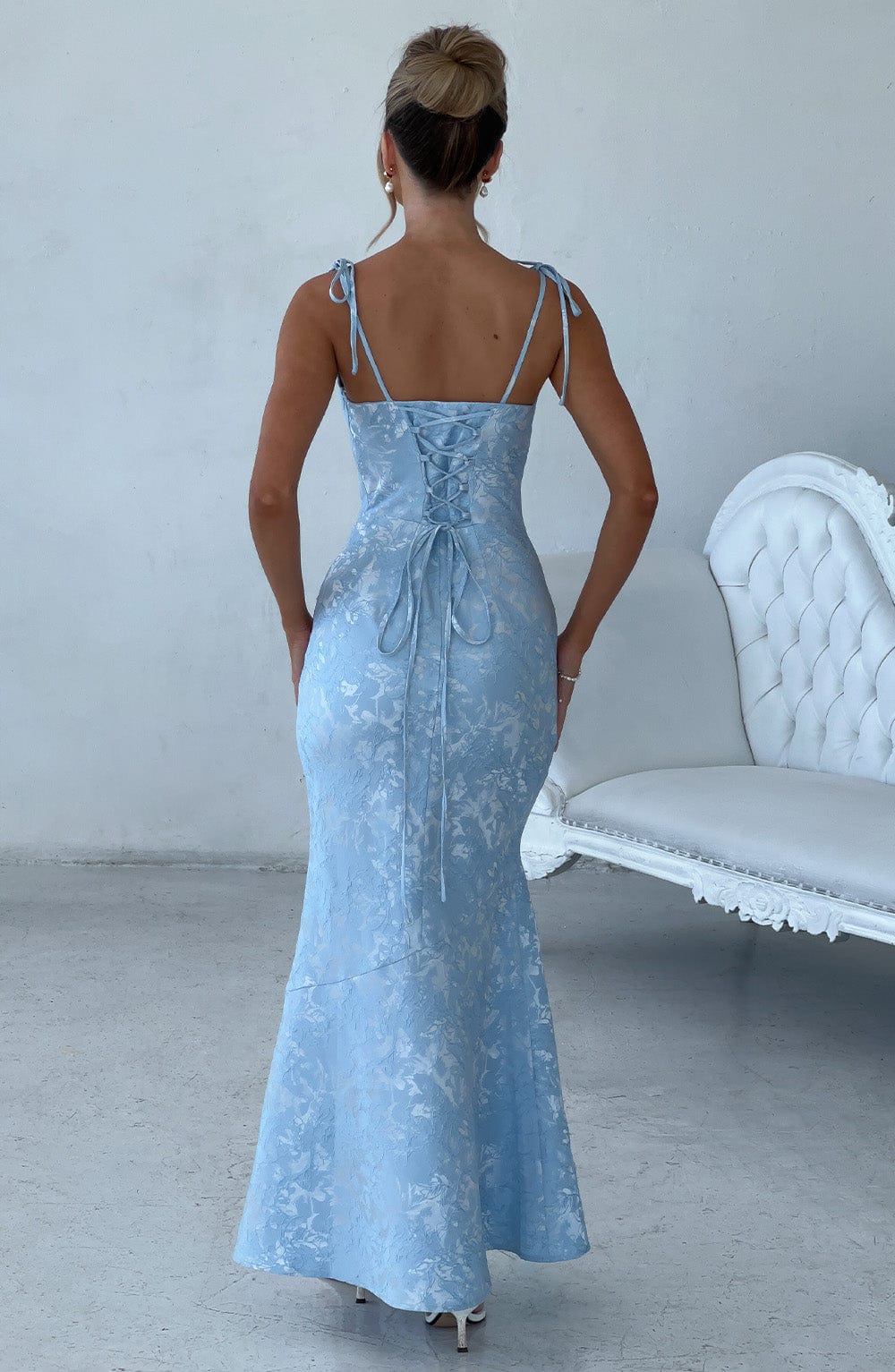 Floral Satin Maxi Dress in Blue, view 2