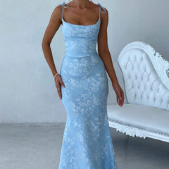 Floral Satin Maxi Dress in Blue, view 3