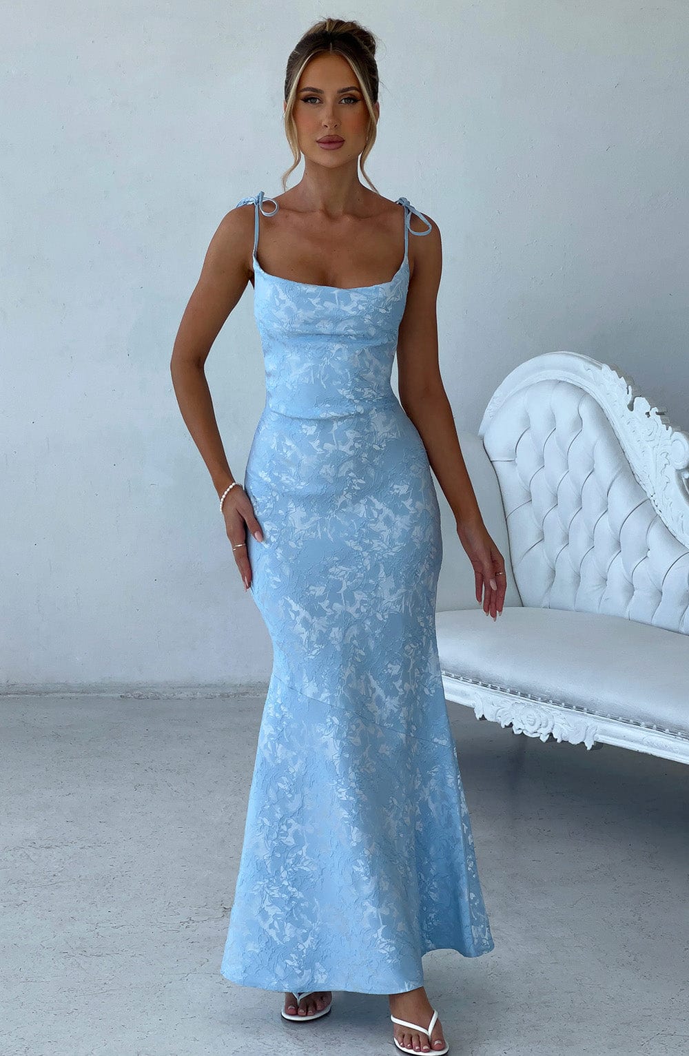 Floral Satin Maxi Dress in Blue, view 3